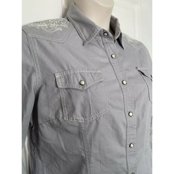 Noble Outfitters Large Western Snap Button Up Rodeo Shirt Equestrian Raw Hem - Picture 4 of 9